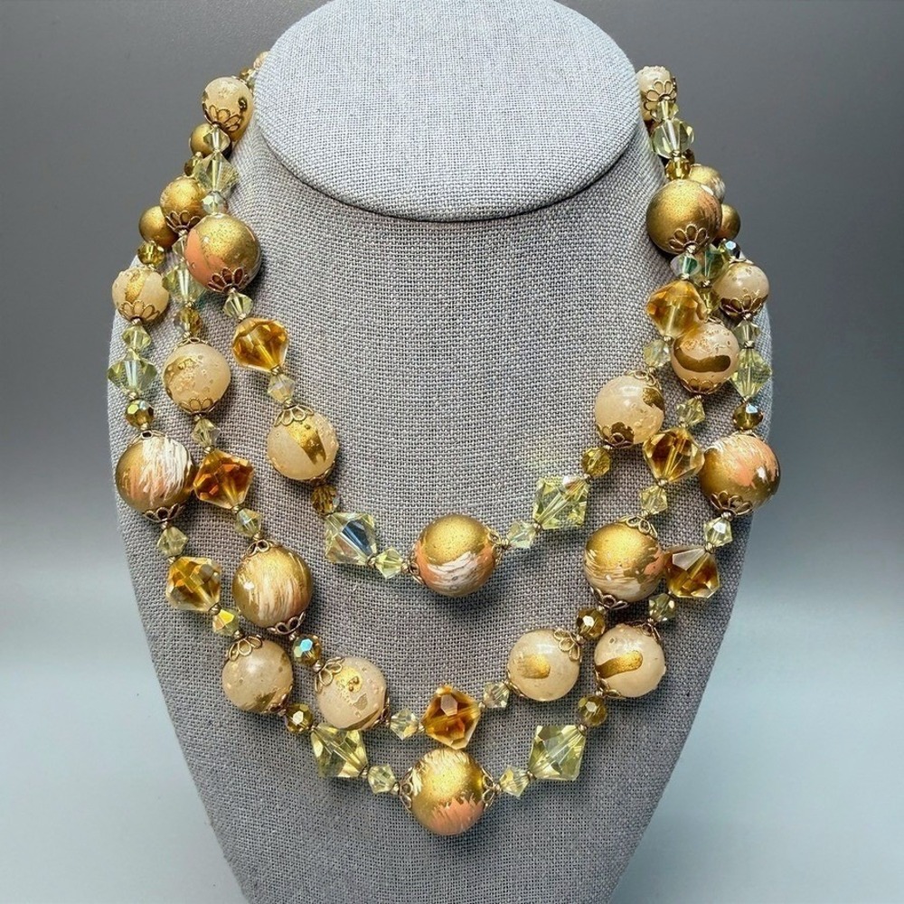 VTG Japan Three Strand Sugared AB Glass Bead‎ Necklace 15" Peach Tan Gold Tone